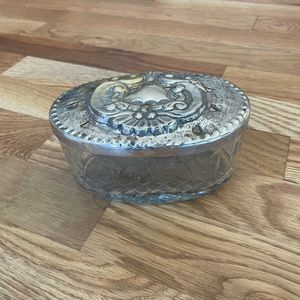 Antique Crystal Trinket Vanity Jar with detailed silver top